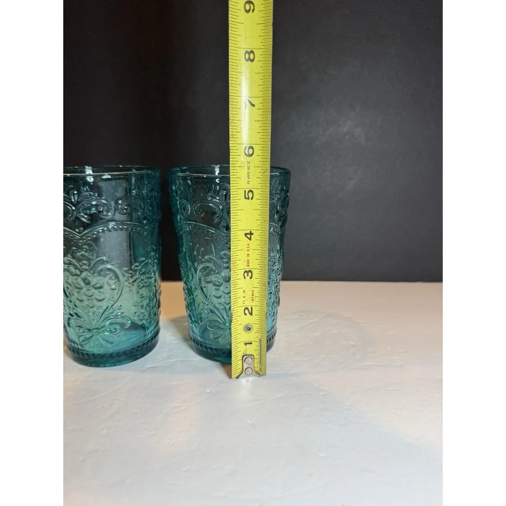Rare Pioneer Woman Amelia Teal Glass Tumblers Set of 2 Embossed 14 oz